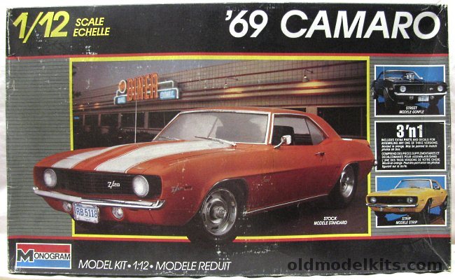 Monogram 1/12 1969 Chevrolet Camaro Z28 -  3 n1 Kit - Stock / Street / Drag Versions, 2802 plastic model kit